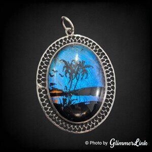 VTG Butterfly Wing Tropical Beach Scene Sterling Silver Oval Filigree Pendant